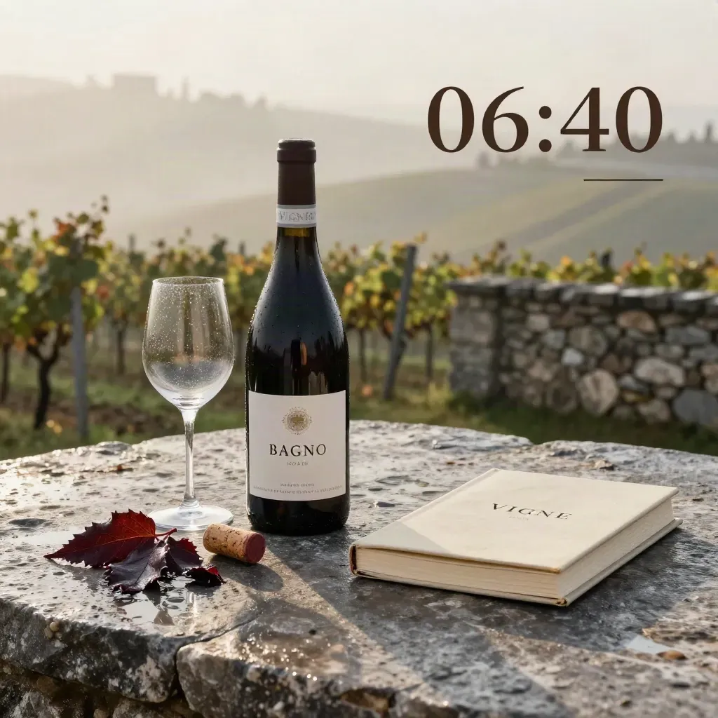 Bottiglia di Barolo, calice e foglie di Nebbiolo bagnate tra pietre di calcare nella foschia dell’alba.