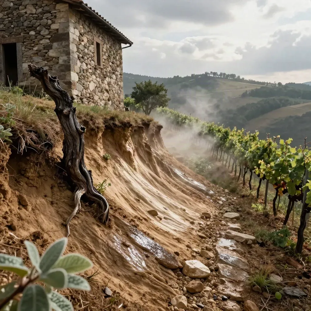 Pendio di Barolo bagnato dopo il temporale, vite nodosa e cascina in pietra nella foschia.