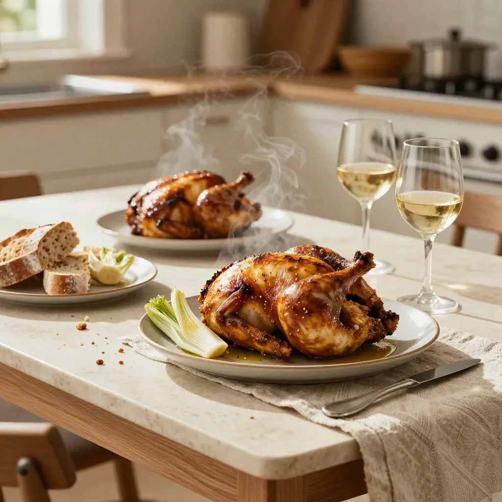 Pranzo rustico con pollo arrosto, finocchi, pane e due calici accanto a un runner di lino.