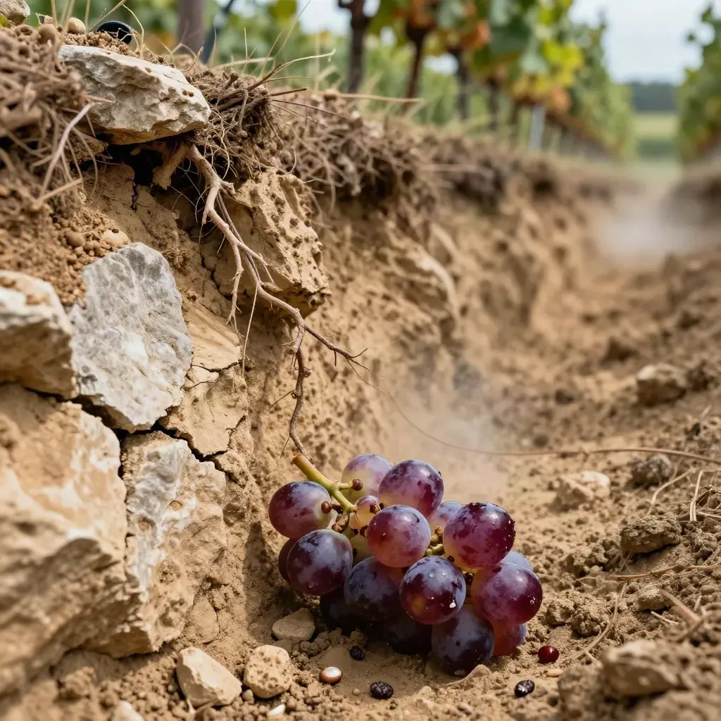 Trincea del vigneto Barolo con radici, marna e grappolo d’uva schiacciato