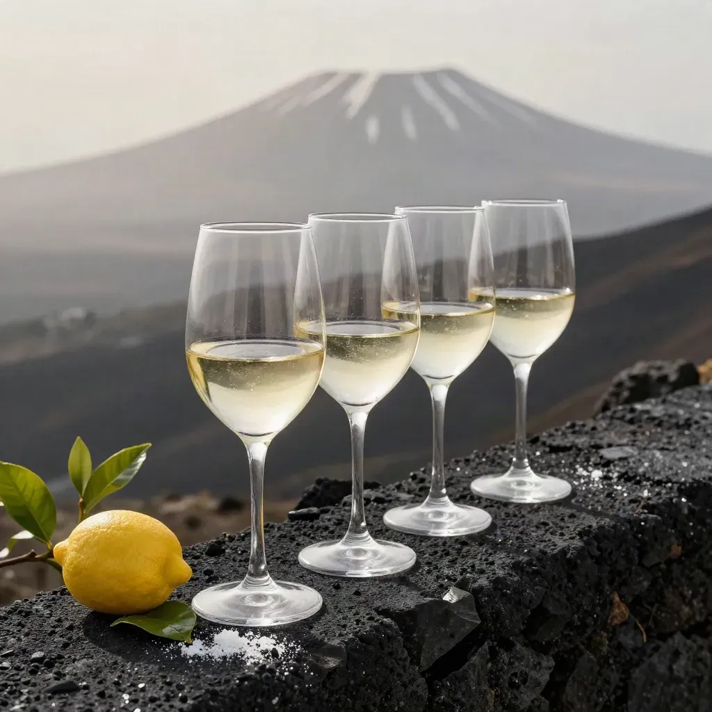 Tre calici di bianco sull’Etna, su pietra lavica nera, con foglie di limone e crateri sfocati.
