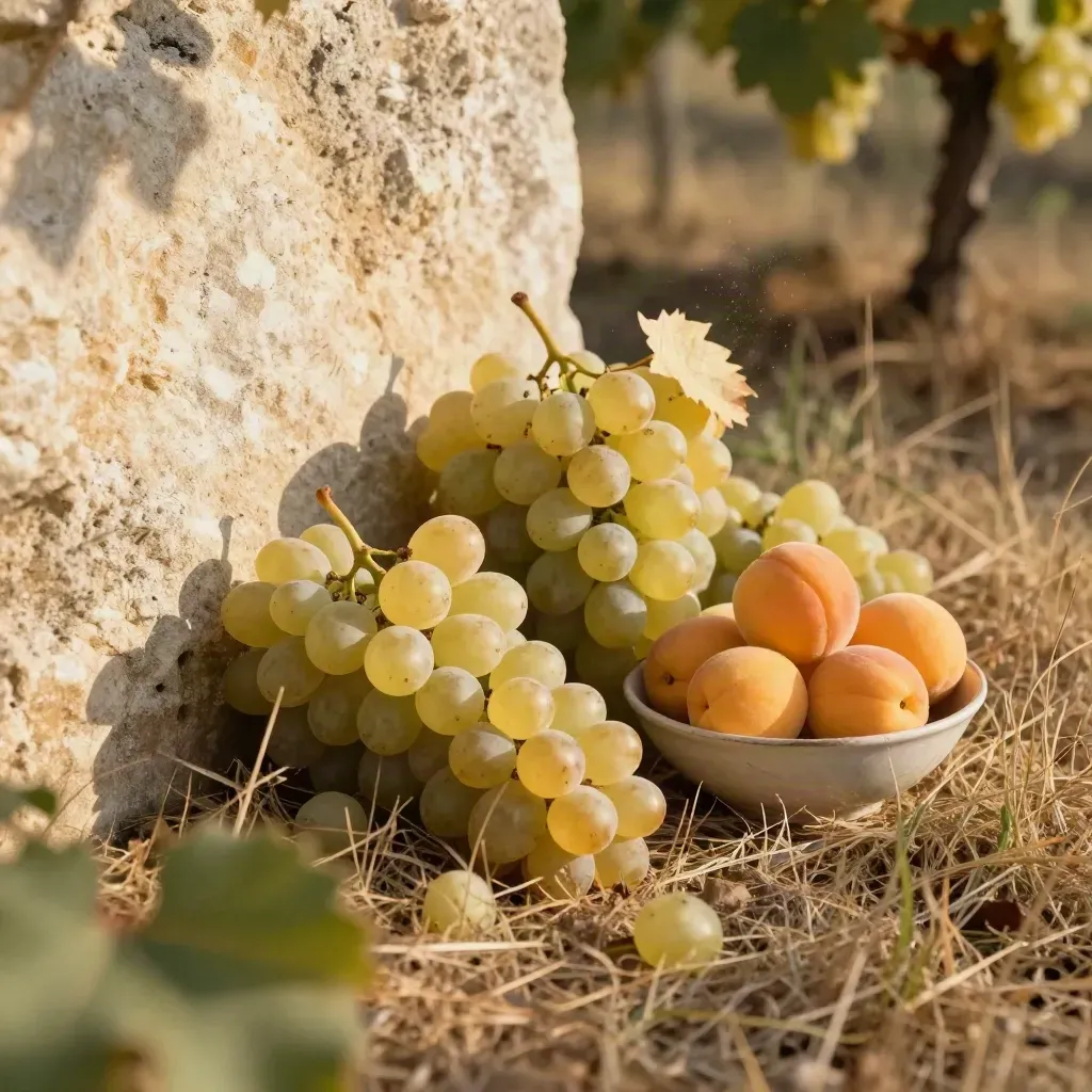 Moscato tardivo e albicocche accanto a un muro di pietra chiara, luce calda di vigneto