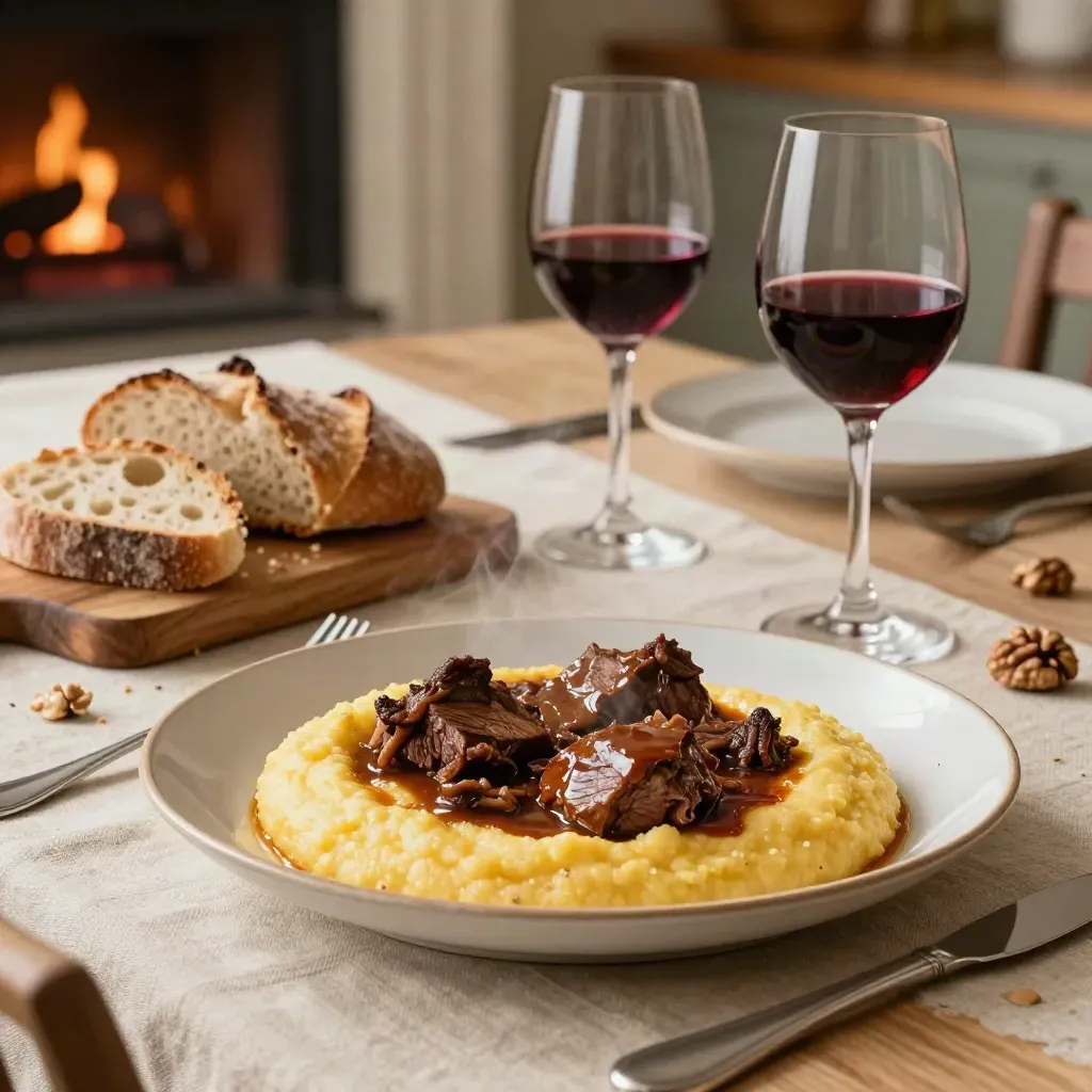 Piatti di brasato, polenta e pane con due calici di rosso su tavola rustica.