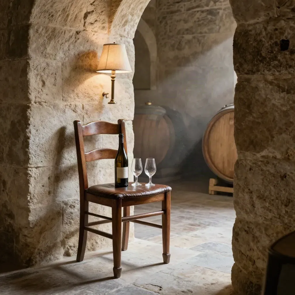 Cantina in pietra con sedia vuota, calici da assaggio, bottiglia e luce calda.