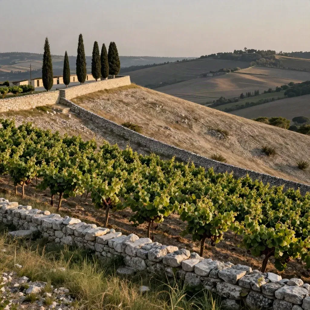 Cru collinare al tramonto con filari, muretti a secco e cipressi nella foschia.