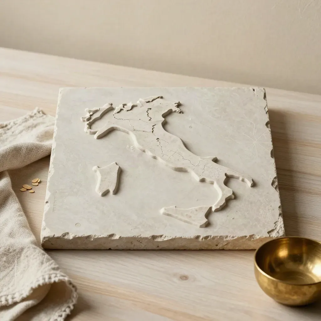 Tessera dell’Italia in rilievo, campione di pietra, lino piegato e ciotola di ottone su legno chiaro.